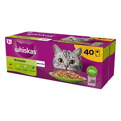 WHISKAS Adult paketėliai 40 x 85 g Fishy Treats - drėgnas maistas suaugusioms katėms drebučiuose (su lašiša, tunu, vištiena, jautiena)