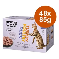 PrimaCat Classic padaže, drėgnas maistas katėms, ekonominė pakuotė 48 x 85 g