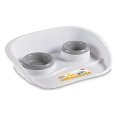 StefanPlast SET DINNER neslystanti lėkštė su dubenėliais katėms ir šunims, pilka/balta, 46x35x11 cm