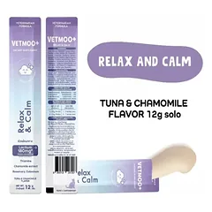 MOOCHIE VETMOO+ Relax & Calm 24x12 g mažina stresą ir nerimą, stiprina katės imuninę sistemą.