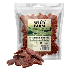 WILD FARM Širdelės su antiena ir ryžiais 500g skanėstai šunims