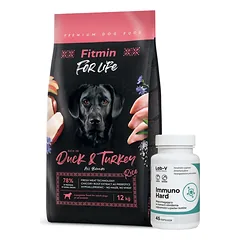 FITMIN dog For Life Duck & Turkey 12 kg + LAB-V Immuno Hard - imuniteto stiprinimas šunims ir katėms 45 kapsulės