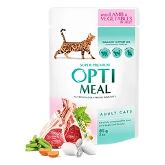 Optimeal™ Visavertis konservuotas ėdalas suaugusioms katėms su ėriena ir daržovėmis želė 0,85g. nuotrauka
