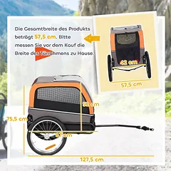 Dviračio priekaba šunims iki 20 kg, sulankstoma, su atšvaitais ir vėliavėle, 127,5x57,5x75,5 cm, oranžinė — 3 nuotrauka