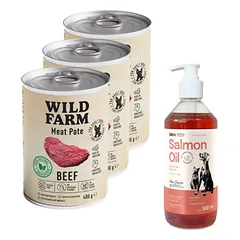 Wild Farm Pate Beef 3x400g ėdalas šunims be glitimo + LAB V Lašišų aliejus šunims ir katėms 500ml