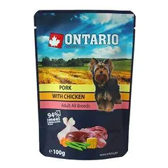 Konservuotas šunų maistas - Ontario šunų kiauliena su vištiena sultinyje, 100 g