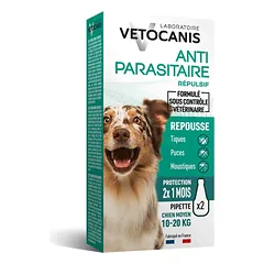 Vetocanis natūralūs vabzdžių repelentai lašiukai šunims, kurių svoris 10-20 kg, 2×3 ml