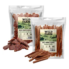 WILD FARM triušienos juostelės 500g + Širdelės su antiena ir ryžiais 500g skanėstai šunims
