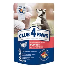 CLUB 4 PAWS Premium visavertis konservuotas ėdalas šuniukams su kalakutiena padaže 100g.x24vnt.