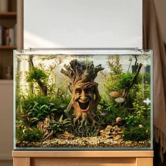 Akvariumo dekoracija Relaxdays, Medžio su veiduku formos, 23 × 12 × 11 cm — 3 nuotrauka
