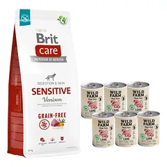 BRIT CARE Grain-free Sensitive Venison 12kg + Wild Farm Pate Lamb 6x400g ėrienos ėdalas šunims be glitimo