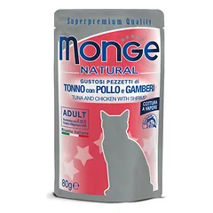 MONGE Natural konservuotas pašaras su tunu, vištiena,  krevetėmis katėms, 80 g parduotuvėje ramiosblusos.lt