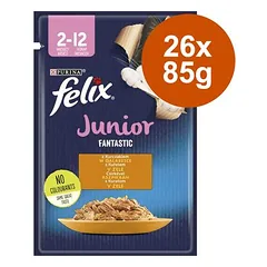 Felix Junior Fantastic maišeliai, drėgnas maistas katėms 26 x 85 g