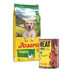 JOSERA YoungStar 12,5kg be grūdų šuniukų ėdalas + nemokama „Josera Meatlovers“ konservų skardinė su grynu jautienos mėsos 800 g