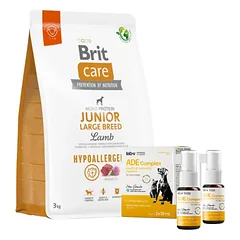 BRIT CARE Dog Hypoallergenic Junior Large Breed Lamb 3kg + Lab-V ADE Complex - vitaminų A, D ir E kompleksas šunims ir katėms