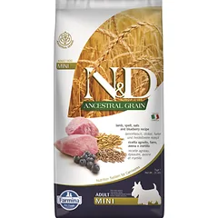 FARMINA N&D Ancestral Grain Adult Mini Dog su ėriena ir mėlynėmis 7 kg, ėdalas mažų veislių šunims + FARMINA N&D Quinoa Dental Treat Flatulence Mini 60 g (7 vnt.) DOVANŲ!