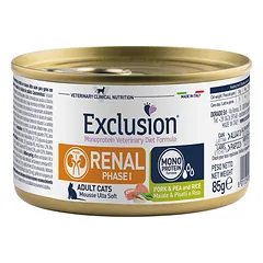 Exclusion Renal Diet Phase I konservuotas pašaras katėms su kiauliena, žirniais, ryžiais 85 g