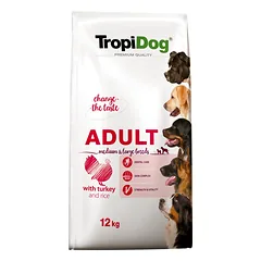 TROPIDOG Premium suaugusiems, vidutinių ir didelių veislių šunims- kalakutiena su ryžiais 12kg