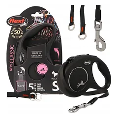 Automatinis „FLEXI New Classic M“ pavadėlis šunims iki 25 kg, juostinis, 5 m, juodas