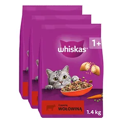 WHISKAS Adult 3x1,4 kg - sausas visavertis ėdalas suaugusioms katėms su gardžia jautiena