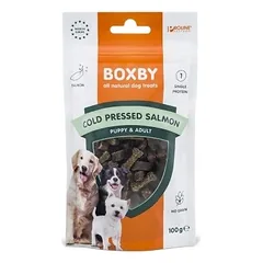 Boxby Cold Pressed Salmon Treat papildas šuniukams ir suaugusiam šuniui su lašiukų gabaliukais, šalto spaudimo, 100 g