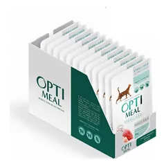 OPTIMEAL sterilised with TURKEY and CHICKEN FILLET in sauce konservai sterilizuotoms katėms su kalakutiena, 85g*12vnt.