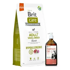 BRIT CARE Dog Hypoallergenic Adult Small Breed Lamb 7kg + Lab-V 100% lašišų aliejus įvairaus amžiaus šunims ir katėms 500ml šalto spaudimo