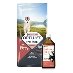 VERSELE-LAGA Opti Life Prime Adult Salmon 12,5kg - pašaras suaugusiems šunims be grūdų su lašiša + Lab-V 100% lašišų aliejus įvairaus amžiaus šunims ir katėms 500ml šalto spaudimo