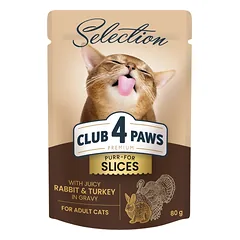 CLUB 4 PAWS Premium plus gabaliukai suaugusioms katėms su triušiena ir kalakutiena padaže 12x85 gr