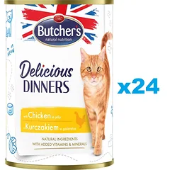 BUTCHER'S Delicious Dinners, maistas katėms, gabalėliai su vištiena drebučiuose 24 x 400g