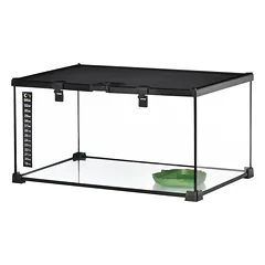 Terariumas ropliams su juosteliniu termometru ir šėrimo angomis, 50 x 30 x 25 cm, stiklas ir metalas, juodas