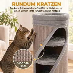 Draskyklė-bokštas 75 cm, Ø35 cm, su 3 nameliais, skalbiamu guoliu ir sizalio danga, 1–2 katėms iki 6 kg, pilka — 5 nuotrauka