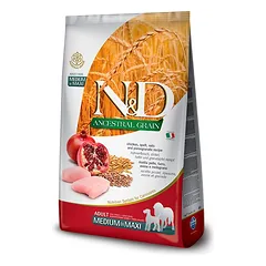 Farmina N&D Dog Low Grain Adult Medium Maxi mažgraudžių sausas maistas suaugusiems šunims su vištiena ir granatu, 12 kg