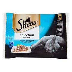 SHEBA paketėlis 4x85g "Selection in Sauce Fish Flavours" - drėgnas kačių maistas padaže (balta žuvis, lašiša, menkė, tunas)