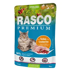 Rasco konservai katėms (sterilizuotoms) su kalakutiena ir spanguolėmis padaže, 85 g nuotrauka