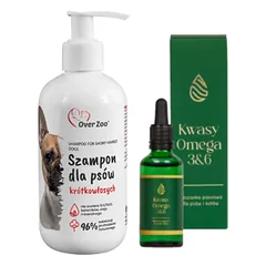 OVER ZOO šampūnas trumpaplaukiams šunims 250ml + LAB-V Omega 3 ir 6 riebalų rūgštys bendrai šunų ir kačių sveikatos, kailio ir odos būklei gerinti 100ml