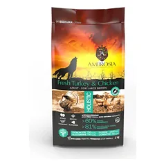 AMBROSIA grain-free Turkey & Chicken Large breed Adult, begrūdis kalakutienos ir vištienos sausas maistas šunims 12kg