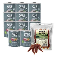 WILD FARM Superfood Duck (Antis su kvinoja, morkomis ir žolelėmis) 12x800 g pašaro šunims be grūdų + nemokamas skanėstas