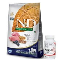 Farmina N&D LAMBULIŠKAS MĖLYNAUOGIS MEDIUM MAXI 12kg + LAB-V Arthro Comfort - Visapusiška sąnarių ir raumenų bei skeleto sistemos sveikata šunims ir katėms 45 kapsulės