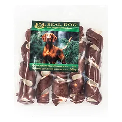 Real Dog skanėstai šunims, odos spyruoklė su ėriena, 500 g