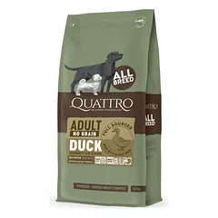 QUATTRO begrūdis visų veislių suaugusių šunų pašaras su antiena, 12kg parduotuvėje petshop.lt