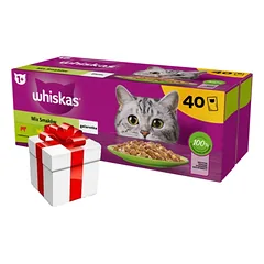 WHISKAS Adult paketėliai 40 x 85 g Fishy Treats - drėgnas maistas suaugusioms katėms drebučiuose (su lašiša, tunu, vištiena, jautiena) + Staigmena katei