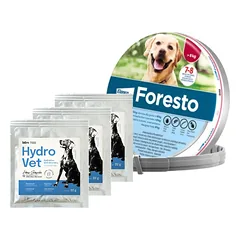 ELANCO Foresto Antkaklis šunims virš 8kg + Hydro-Vet Dog - dietinis pašarų mišinys šunims, skatinantis atsigavimą po operacijos 3x22 g