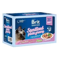 BRIT Premium by Nature Cat Delicate Fillets in Gravy Family Plate Sterilised 12x85 g Drėgnas pašaras padaže sterilizuotiems suaugusiems katėms (12 x 85 g) – švelnios filė skanėstų rinkinys.