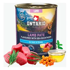 Konservuotas šunų maistas - Ontario suaugusių ėrienos paštetas su šaltalankiais, 800 g