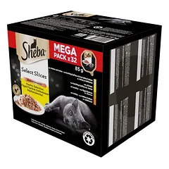 SHEBA Select Slices in Gravy Naminių paukščių, vištienos ir kalakutienos skonių mišinys padaže 32x85g