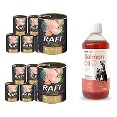 DOLINA NOTECI Rafi su putpele 12x800g + LAB V Lašišų aliejus šunims ir katėms 500ml