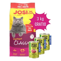  JOSERA JosiCat Classic Sterilizuota 15+3kg + WILD FARM Premium Grain Free kalakutiena ir veršiena 3x400g - sterilizuotų kačių ėdalas be grūdų