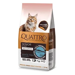 QUATTRO visavertis sausas dietinis/senstančių kačių maistas su balta žuvimi ir kriliu 1.5 kg