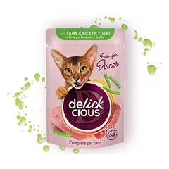 Delickcious konservai katėms su ėriena, vištiena ir šparaginėmis pupelėmis drebučiuose, 85g
